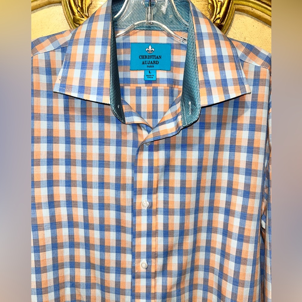 Christian Aujard Paris Blue Peach Orange Stripe Striped Button Front Shirt